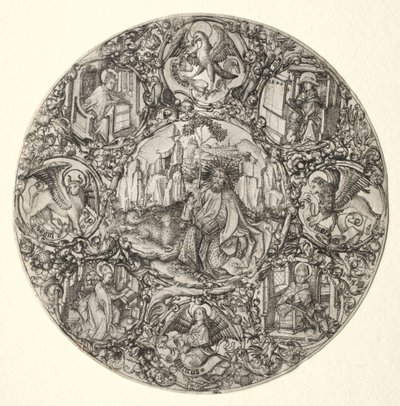 Św. Jan Chrzciciel w otoczeniu ewangelistów i czterech ojców Kościoła łacińskiego, 1466. autorstwa Master E. S.