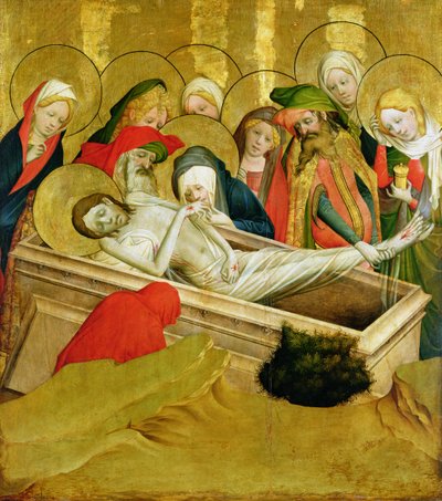 Złożenie do grobu, panel z ołtarza św. Tomasza z kościoła św. Jana w Hamburgu, rozpoczęty w 1424 r. (tempera i olej na panelu) (szczegóły w 144553) autorstwa Master Francke