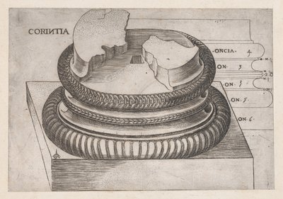 Lustro rzymskiej wspaniałości: baza koryncka ze świątyni Marsa Avengers, Rzym, ..., ca. 1537 autorstwa Master GA