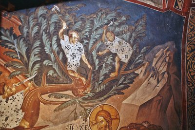 Wejście Chrystusa do Jerozolimy. Szczegół: Dzieci ścinające gałęzie palm, XIV wiek autorstwa Master Gerasime