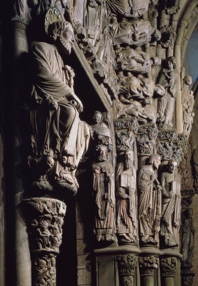 Fragment Portico de la Gloria przedstawiający św. Jakuba, kamień z XII wieku autorstwa Master Mateo