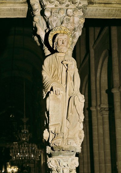 Słup z figurą św. Jakuba, Portyk Chwały, Cathedrale Santiago de Compostela autorstwa Master Mateo