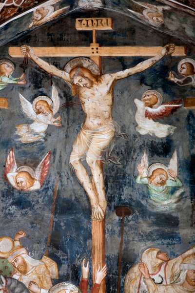 Szczegół ukrzyżowania przedstawiający Chrystusa z napisem INRI autorstwa Master Trecentesco of Sacro Speco School