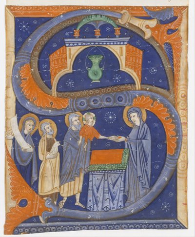 Iluminacja rękopisu z Ofiarowaniem Chrystusa w świątyni w inicjał..., ca. 1278. autorstwa Master of Bagnacavallo