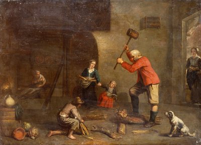 Kuchnia ze Starym Człowiekiem Tnącym Drewno (olej na płótnie) autorstwa Master of Beguins