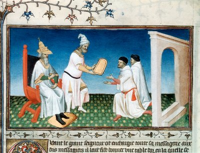 Kubilaj-chan daje Polos paszport, ok. 1280 r., początek XV wieku. autorstwa Master of Boucicaut