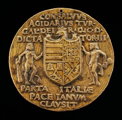 Tarcza podtrzymywana przez Herkulesa i Janusa [rewers], c. 1503. autorstwa Master of Coriolanus