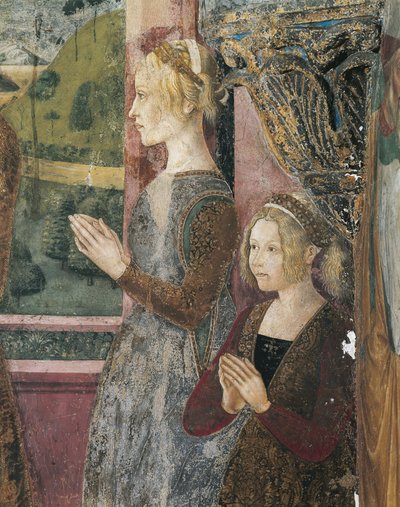Włochy, region Piemont, prowincja Alessandria, Serralunga di Crea, Sacro Monte di Crea, sanktuarium Santa Maria Assunta, kaplica św. Małgorzaty z Antiochii, fresk przedstawiający Paleologo i Bernardę di Bosse autorstwa Master of Crea