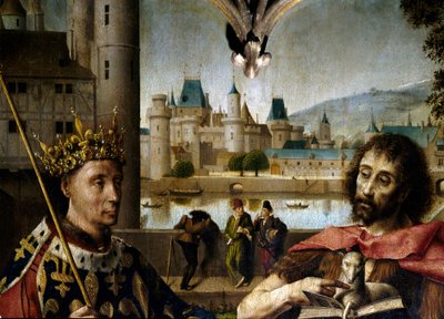 Ukrzyżowanie Chrystus na krzyżu w otoczeniu św. Jana Chrzciciela, św. Denisa, Karola I Wielkiego (Karol Wielki), Ludwika IX (św. Ludwika), św. Magdalenę, św. autorstwa Master of Dreux Bude (active c.1425 d.1450)
