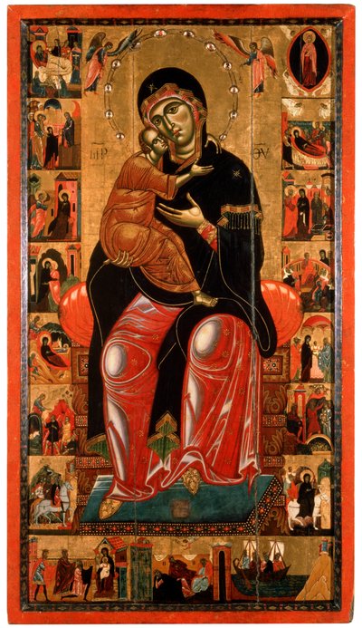 „Madonna z Dzieciątkiem na tronie z siedemnastoma scenami z życia Marii”, XIII w. autorstwa Master of Florence