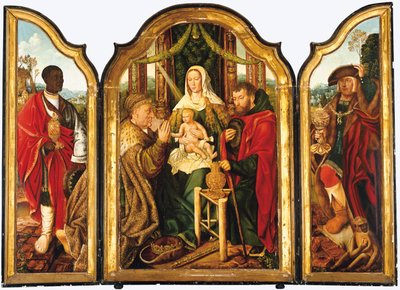 Święta Rodzina z Melchiorem ofiarowująca złoto Dzieciątku Jezus autorstwa Master of Frankfurt