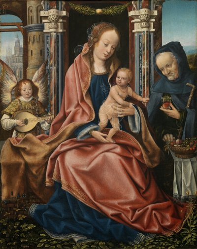 Tryptyk Świętej Rodziny z Aniołami Muzykowymi. Panel centralny, ok. 1510-1520 autorstwa Master of Frankfurt