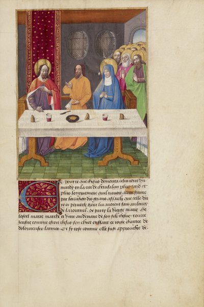 Judasz siedzący przy stole między Chrystusem a Dziewicą autorstwa Master of Guillaume Lambert