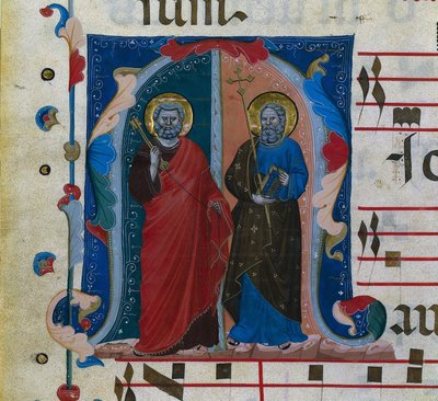 Kartka z Graduału z historycznym inicjałem M: SS. Piotra i Andrzeja, ok. 1320-1340. autorstwa Master of Isaac and Esau