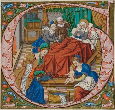 Narodziny Dziewicy w historycznym inicjale „G” z antyfonału autorstwa Master of Jacques de Besançon