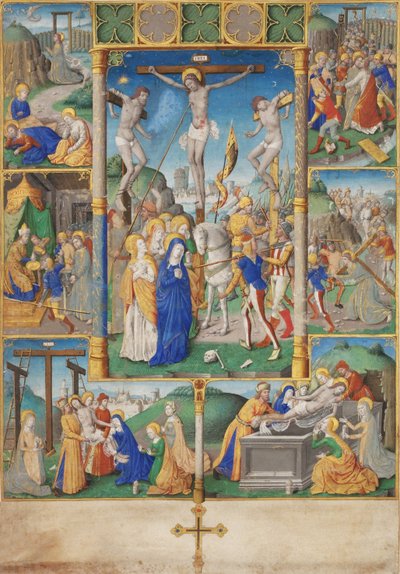 Ukrzyżowanie z sześcioma scenami z męki Chrystusa autorstwa Master of Jacques de Besançon