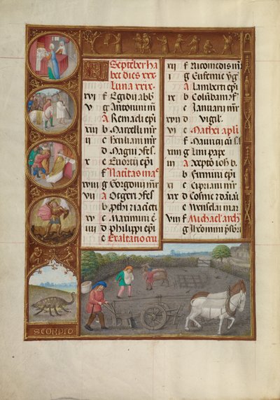 Strona kalendarza na wrzesień; orka i siew; Skorpion autorstwa Master of James IV of Scotland