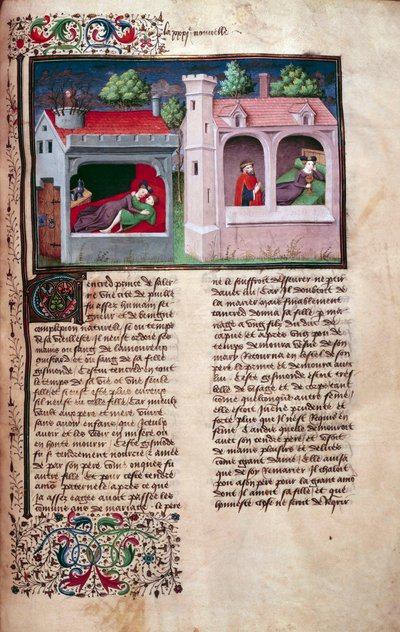 Wspaniała scena: dwie rozmawiające pary. Strona rękopisu w języku francuskim „Dekameronu” autorstwa Giovanniego Boccaccio dit Jean Boccace (1313-1375), włoskiego pisarza, zinlumowanego przez Mistrza Mansel. 1450. Paryż, Biblioteka Arsenału autorstwa Master of Jean Mansel