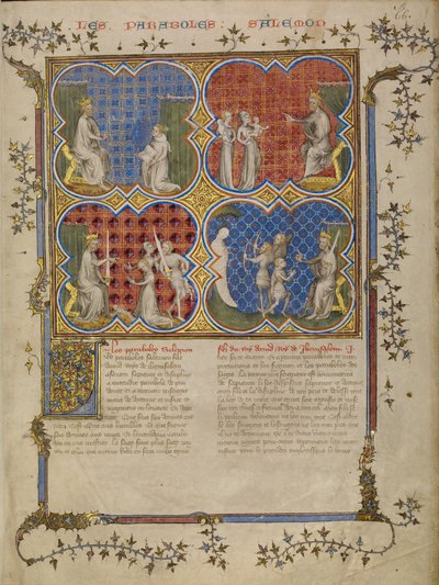 Salomon nauczający Rehoboama; Sąd Salomona; Salomon testujący prawowitość trzech braci autorstwa Master of Jean de Mandeville
