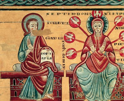 Maryja otrzymująca dary Ducha Świętego, detal (tempera na drewnie) autorstwa Master of Lluca