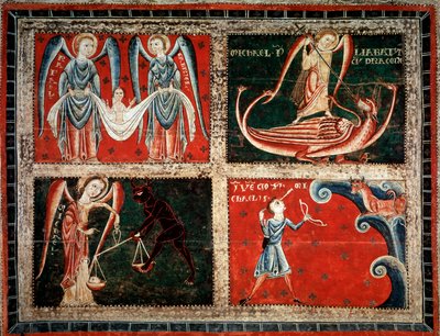 Archaniołowie Rafael, Michel i Gabriel (Archaniołowie Michał, Gabriel i Rafael) Obraz mistrza Llussa (Obraz mistrza Llussa) 1220-1250 Z klasztoru Santa Maria de Lluca, Hiszpania Barcelona Museu Nacional d
