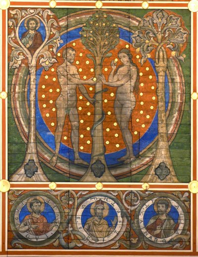 tama i Ewa. Fragment malowanego drewnianego stropu kościoła św. Michała, Hildesheim, ok. 1230 autorstwa Master of Lower Saxony