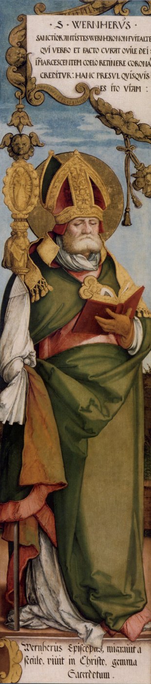 Na zewnątrz lewego skrzydła obrotowego dawnego ołtarza głównego kościoła św. Marcina, św. Wernera, biskupa Merseburga; Maastricht, Muzeum Bonnefanten, nr inw. N.K. 1633 autorstwa Master of Messkirch
