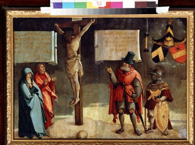 Ukrzyżowanie z dawcami. Ukrzyżowanie z Darczyńcami. Obraz mistrza z Messkirch (ok. 1500-1543). Olej na drewnie. Niemiecka sztuka renesansu. Muzeum Sztuk Pięknych, Puszkin, Moskwa autorstwa Master of Messkirch