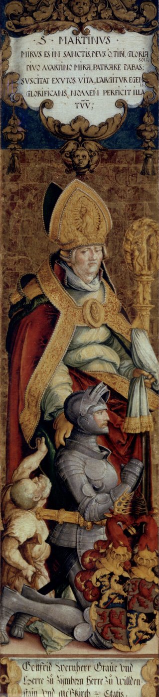Der Heilige Martin mit Bettler und dem Stifter Gottfried Werner von Zimmern Święty Marcin z żebrakiem i darczyńcą Gottfriedem Wernerem z Zimmern autorstwa Master of Messkirch