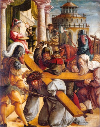 Niemiecki: Kreuztragung Christi und Handwaschung des Pilatus Chrystus niosący krzyż i Piłat umywający ręce autorstwa Master of Messkirch