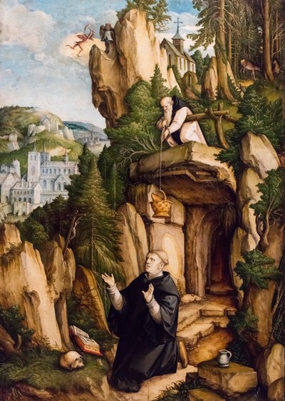 Święty Benedykt jako modlący się pustelnik, ok. 1540 (tempera i olej na drewnie (basswood)) autorstwa Master of Messkirch