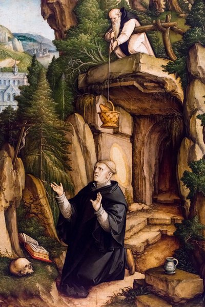 Święty Benedykt jako modlący się pustelnik, ok. 1540 (tempera i olej na drewnie (basswood)) autorstwa Master of Messkirch