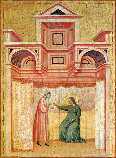 Cecylia namawiająca męża Waleriana do chrztu, fragment ołtarza przedstawiającego Legendę o św. Cecylii, ok. 1304 r., autorstwa mistrza św. Cecylii (aktywny początek XIV w.), tempera na desce i tłoczony złoty płatek, 85x181 cm autorstwa Master of Saint Cecilia