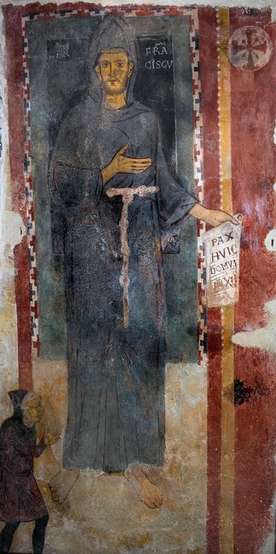 Reprezentacja świętego Franciszka z Asyżu (1181-1226) Jest to z pewnością pierwsze przedstawienie świętego wykonane za życia, przedstawiające bez piętna i bez aureoli. Trzyma gazetę lub jest napisany po łacinie „” Pax huic Domui”” (Peace autorstwa Master of Saint Francis of Assisi