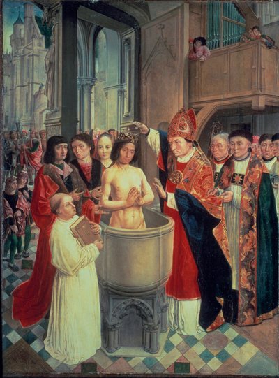 Chrzest Chlodwiga I w Reims przez św. Remiego 25.12.496 (lub 499), ok. 1490-1510 (olej na desce) autorstwa Master of Saint Giles