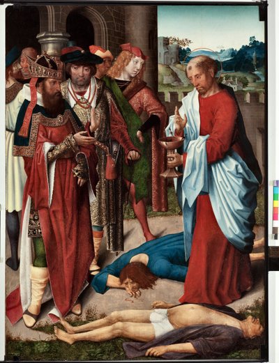 Odcinek z życia św. Jana Ewangelisty: „Cud kielicha trucizny” (Życie św. Jana Ewangelisty, św. Jan pije kielich trucizny) Obraz mistrza San Giovanni ewangelista (św. Jan Ewangelista) (koniec XV wieku) wym. 120x90 cm Gen autorstwa Master of Saint John Evangelist