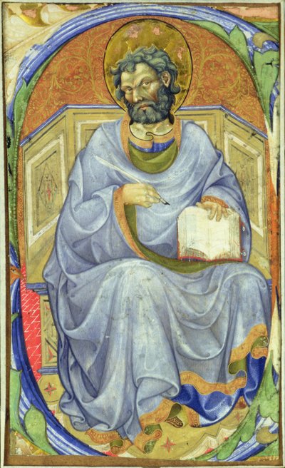 Historyczny inicjał „S” przedstawiający siedzącego ewangelistę autorstwa Master of San Michele of Murano