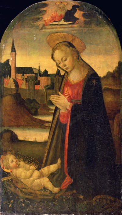 Madonna adorująca Dzieciątko, miasto nad rzeką, ok. 1478 (olej na desce) autorstwa Master of San Miniato