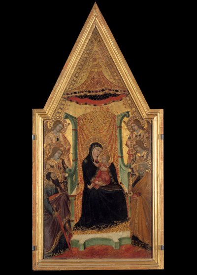 Madonna w majestacie pomiędzy św. Pawłem, św. Piotrem i czterema aniołami ołtarz mistrza Santa Maria (XIV w.). Wymiary 0,28 x 0,58 m. Awinion, Musee du Petro Palais autorstwa Master of Santa Maria di Castello