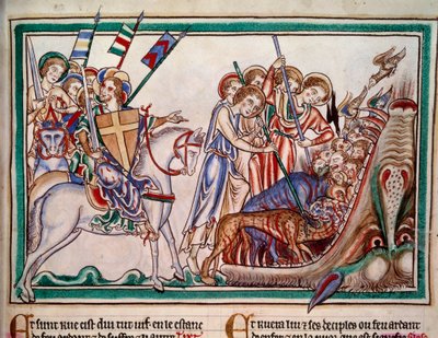 Pan i Jego armia (ost) strącają Betę i Jego czcicieli do piekła. Miniatura z rękopisu „” Apocalypse historiee”, Folio 38. 1250. Iluminacja Mistrza Sarum. Paryż, Holandia autorstwa Master of Sarum