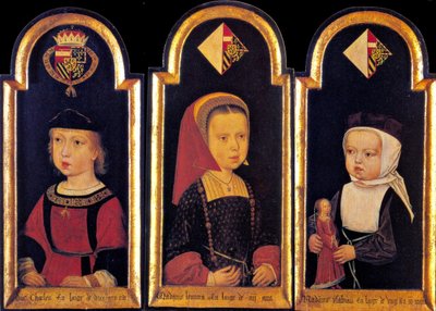 Arcyksiążę Karol, późniejszy cesarz rzymski Karol V, z siostrami Eleanor i Izabelą w wieku 2 lat, 1502 autorstwa Master of St.Georgsgilde