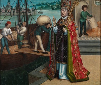 Cud zboża, z ołtarza św. Mikołaja, ok. 1486-93 (olej na desce) autorstwa Master of The Legend of St. Lucy