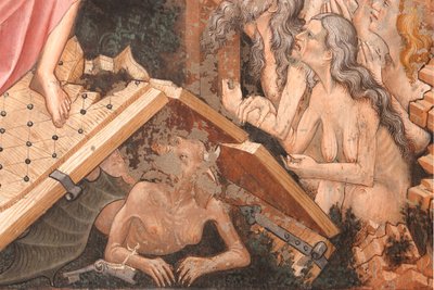 „Zmartwychwstanie” i „Zstąpienie do otchłani”, Fragment „Zstąpienia do otchłani”: bramy piekielne i postać diabła na ziemi, ok. 1420 (fresk) autorstwa Master of Vignola