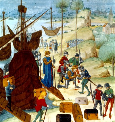 Król Edward III przybywający do Saint Vaast La Hogue 12 lipca 1346, ilustracja z Chroniques dAngleterre autorstwa Master of Wavrin
