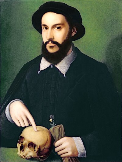 Portret dżentelmena z prawą ręką wskazującą na czaszkę, ok. 1540 autorstwa Master of the 1540s