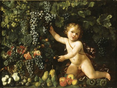Winogrona na winorośli, granaty, winogrona i owoce dzikiej róży w koszyku, z figami, jabłkami, gruszkami i kasztanami przy putto autorstwa Master of the Acquavella Still Life
