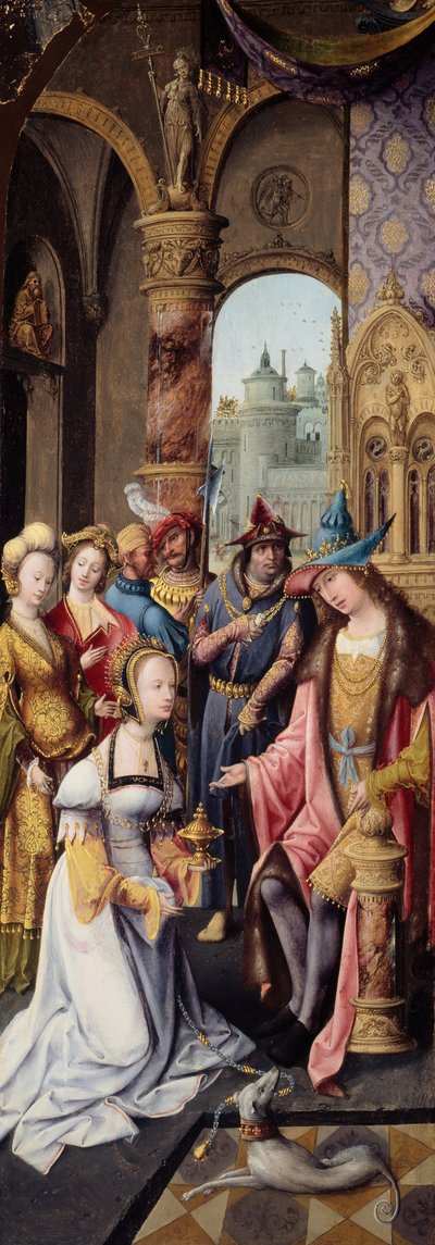 Król Salomon otrzymuje królową Saby, 151520. autorstwa Master of the Antwerp Adoration