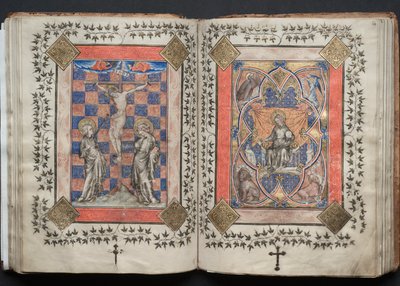 Mszał Gotha: Fol. 63v, Ukrzyżowanie, c. 1375. autorstwa Master of the Boqueteaux