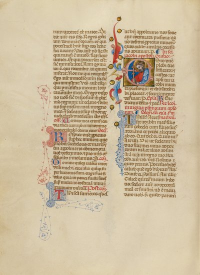 Inicjał E: Święty Jakub Większy autorstwa Master of the Brussels Initials