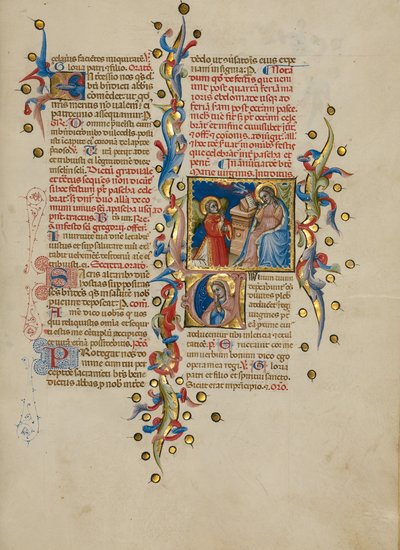 Zwiastowanie; Inicjał V: Dziewica w modlitwie autorstwa Master of the Brussels Initials
